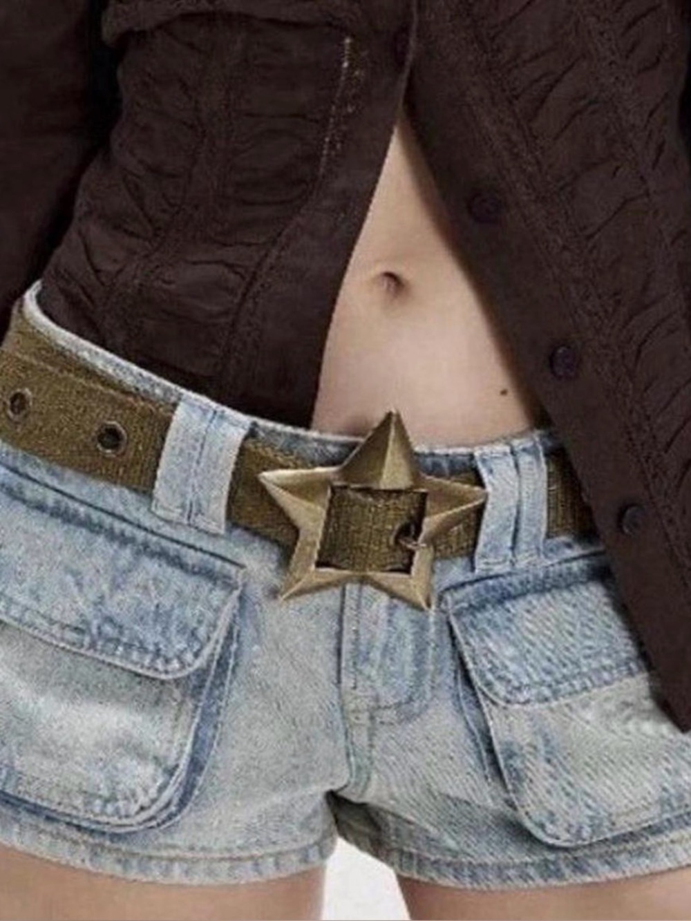 Free People Bohemian Grunge 90s Zoa Star Buckle M Hip Belt Army Green NWT